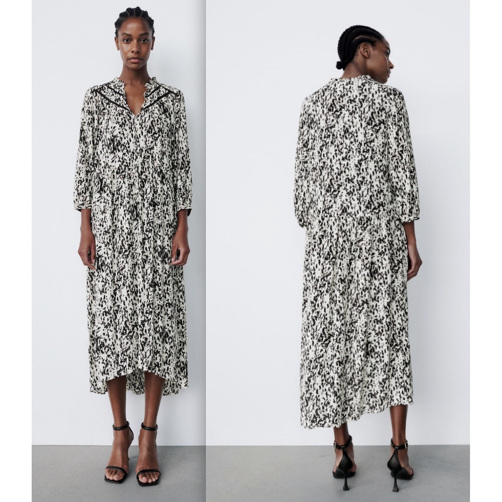 NEW Zara Lace Trim Abstract Midi Maxi Dress L Large Light 3/4" Sleeves Womens